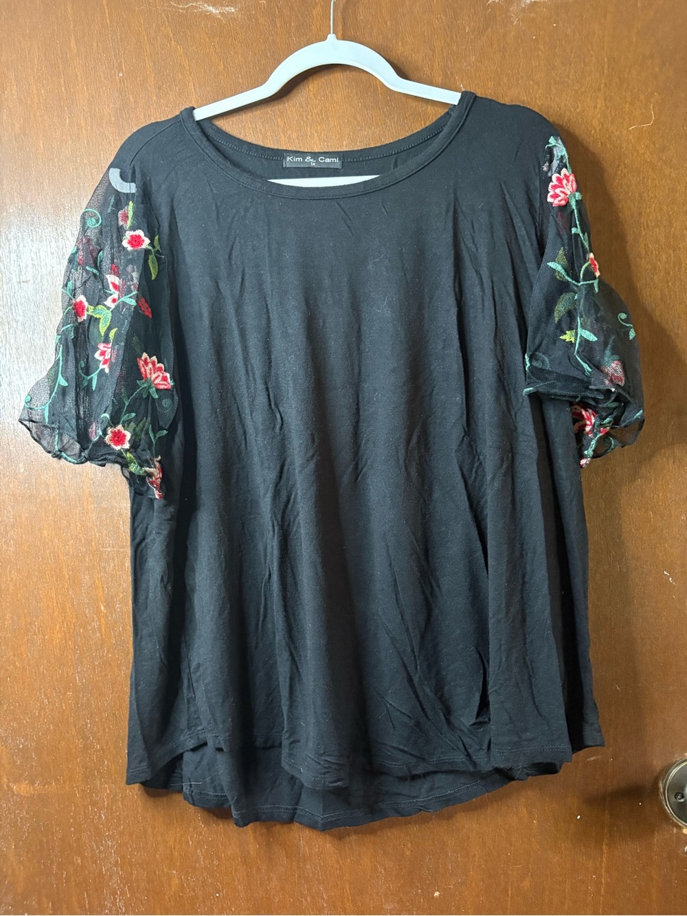 Kim & Cami Black Top with Embroidered Floral Mesh Puff Sleeves